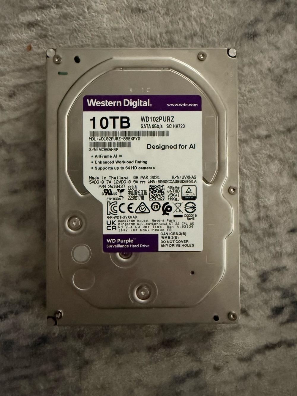 Western Digital 10TB WD102PURZ Purple Surveillance Hard Drive